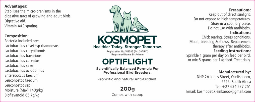 Kosmopet Optiflight label with text and images of dogs and birds on a white background.