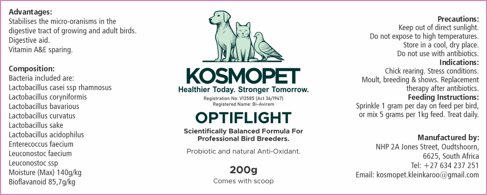Kosmopet Optiflight label with text and images of dogs and birds on a white background.